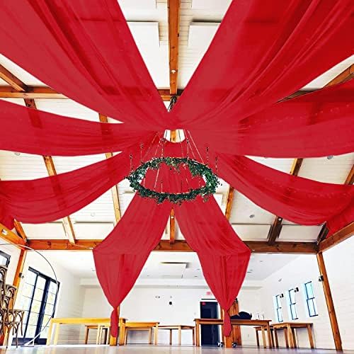 Red Ceiling Drapes 6 Panels 5x10ft with 12 Inch Ceiling Drapes Hanging Kit Silver Ceiling Drape Hoop Ring Kit Chiffon Ceiling Fabric Draping Fabric for Wedding Party Ceremony Decorations - Image 2