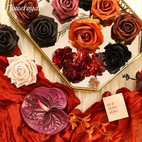Floweroyal Halloween Artificial Flowers Black Flowers Mix Silk Flowers Fake Roses with Stems for DIY Wedding Bridal Bouquets, Baby Shower, Floral Arrangement, Table Centerpieces, Home Decorations - Image 6