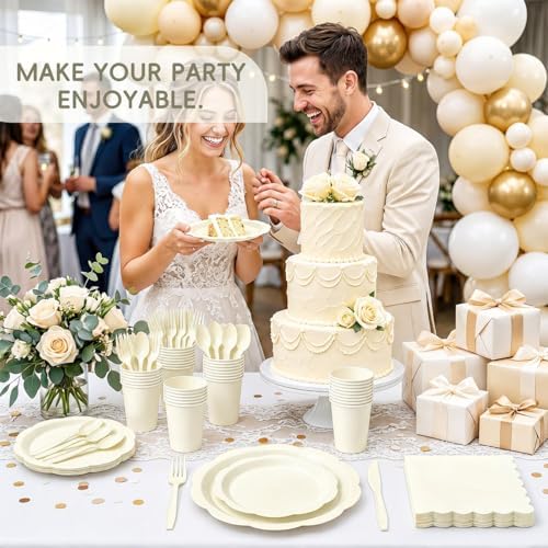 Ivory Party Supplies for 25 Guests, 175 Pcs Elegant Paper Plates and Napkins Set with Cups, Knives, Forks & Spoons, Thickened Decagonal Plates for Bridal Shower Engagement Garden Party - Image 2