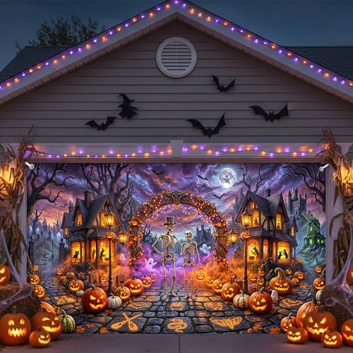 Halloween Garage Door Cover 13x6ft Skeleton Pumpkin Haunted House Decor - Image 6
