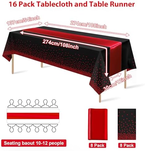 16Pack Disposable Plastic Party Tablecloths and Satin Table Runner Set Black and Red Dot Table Cloth Red Satin Table Runner for Wedding Birthday Baby Shower Anniversary Holiday Party Decorations - Image 2