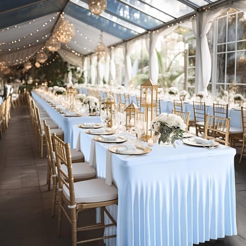 Wish Care 2 Pack Baby Blue Spandex Table Clothes for 8 Foot Rectangle Tables, 8FT Wrinkle Free Fitted Tablecloths Ruffles Design Table Cover for Party, Banquet, Wedding and Events - Image 5