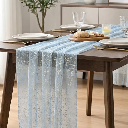 Artoid Mode 6PC Gold Gauze Light Blue Table Runner 120 Inch 10FT, Glitter Metallic Foil Sheer Dining Wedding Anniversary Holiday Birthday Table Decor for Home Party - Image 6