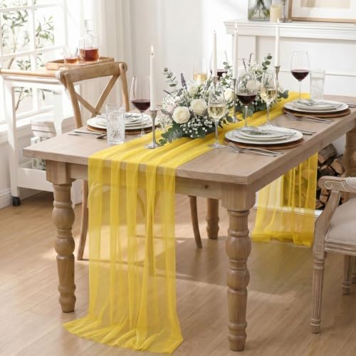 Artoid Mode 3Pcs Yellow Gauze Table Runner 28x120Inch, Seasonal Sheer Kitchen Dining Holiday Wedding Birthday Baby Shower Table Decor for Home Party - Image 3