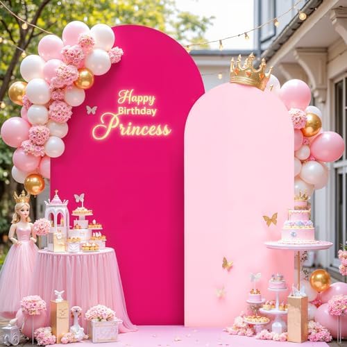 7.2FT 6FT Arch Backdrop Cover for Wedding, Set of 2 Stretchy Spandex Fitted Arch Stand Cover for Baby Shower, Birthday Party Decor, Chiara Backdrop Cover with Double-Sided Design(Pink, Hot Pink) by Besutolife
