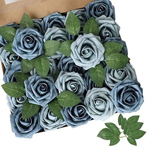 AmyHomie Dusty Blue Rose 25pcs Real Looking Artificial Flowers w/Stem by AmyHomie