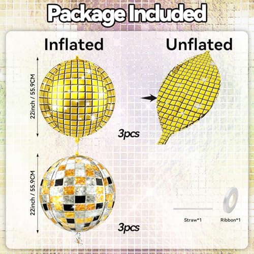 6pcs 22 Inch Multicolor Disco Ball Balloons, Gold Big Disco Balloons, Black Silver Gold 4d Large Foil Aluminum Balloon For Birthday Baby Shower 70s 80s 90s Theme Party Wedding Engagement Graduation - Image 4