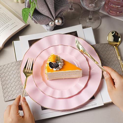 120PCS Pink Plastic Plates, Wavy Plates with Gold Rim - Image 6