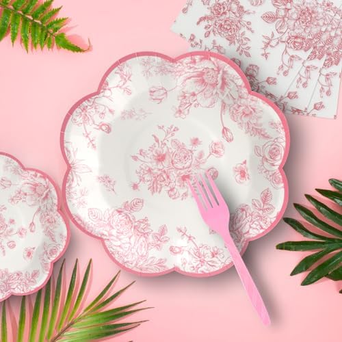 96 PCS Floral Paper Plates, Pink Vintage Floral Paper Plates and Napkins Party Supplies for Birthday Bridal Shower Picnic Tea Time, Serve for 24 Guests - Image 2