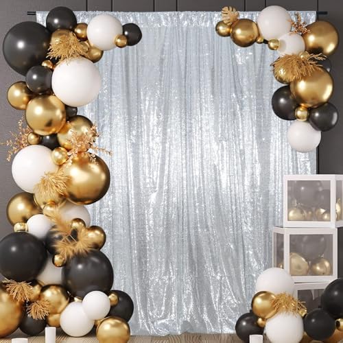 Juya Delight Sequin Backdrop Curtain Non-Transparent Sequin Photography Background Backdrop Curtain for Birthday Party Wedding Festival Ceremony 6FTx8FT Silver by JuyaDelight