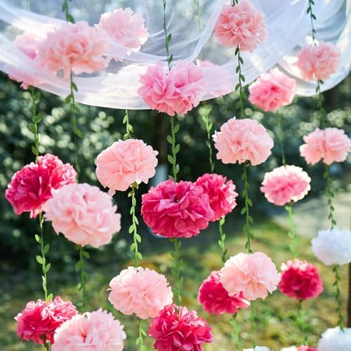 Gradient Pink Tissue Paper Pom Pom Garlands, Paper Flowers for Birthday Decorations, Baby Shower, Wedding Engagement, Bridal Shower, Spring Summer Party Decorations, 2 Pcs - Image 5