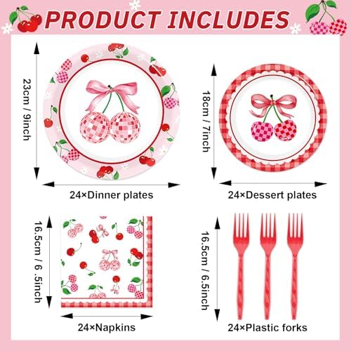 96Pcs Cherries Theme Plates and Napkins Pink Bow Cherry Birthday Party Decoration Disco Ball Disposable Dessert Cake Plates Cherries Paper Dinner Tableware for 24 Guests Girls Boys Kids Party Supplies - Image 2