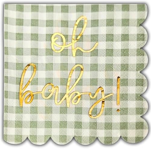 Cloverjoyed 'Oh Baby' Baby Shower Decorations, 50 Pack, Gold Oh Baby Napkins in Plaid Sage Green Pattern, Scalloped Edges, Sage Green Baby Shower Napkins, Neutral Gender Reveal Decorations by Cloverjoyed