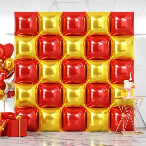 NISOCY 25PCS Red and Metallic Gold Square Foil Balloons Wall Backdrop by NISOCY