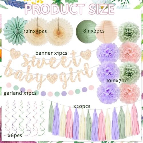 Sage Green and Blush Purple Baby Shower Decorations - Sweet Baby Girl Banner, Olive Green Lanterns, Streamers, Tissue Pom Poms, Paper Fans, Boho Paper Tassel, Rustic Backdrop Decor - Image 2