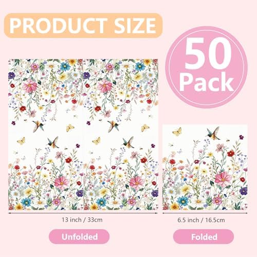 50PCS Wildflower Napkins 13 x 13 Inches, Hummingbird Floral Paper Napkins Flower Luncheon Dessert Cocktail Napkins Disposable for Picnic Wedding Birthday Baby Shower Tea Party Decorations (Wildflower) - Image 2