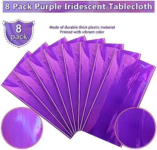 FunnyPars 8 Pack Iridescent Purple Plastic Tablecloths, Shiny Disposable Laser Rectangle Table Covers, Foil Tablecloth Iridescent Party Decorations for Kpop Birthday Bridal Wedding Decor, 54x108 Inch - Image 4