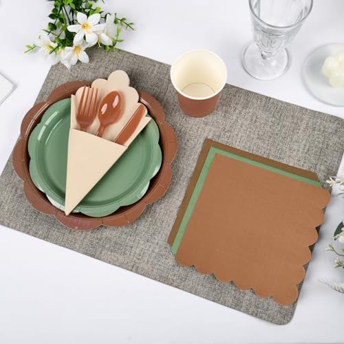 350 Pcs Woodland Baby Shower Party Supplies Set - Sage Green and Brown Paper Plates and Napkins Set Include Scalloped Paper Plate Napkin Cup Spoon Fork Knife for Safari Jungle Baby Shower Decorations - Image 5