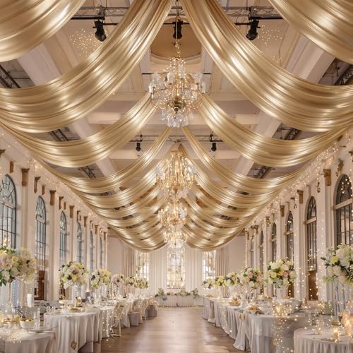 50ftx40ft Champagne Gold Ceiling Curtain for Wedding Parties by PartyVillage