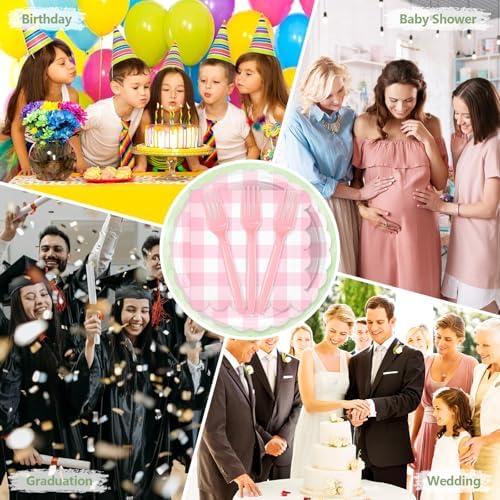 Mulbozy 75 Cute Pink Gingham Paper Plates and Napkins for Party, 25-7" - Image 7