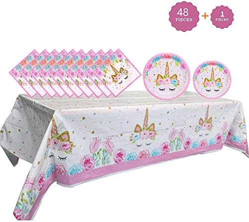 Unicorn Birthday Decorations Party Set, Unicorn Plates and Napkins, 32 Plates, 16 Napkins, 1 Table Cover by STKYGOOD