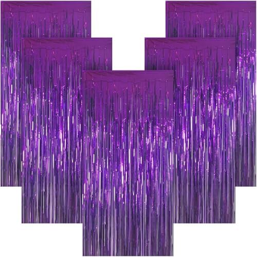 5 Pack 3.28ft x 6.56ft Purple Metallic Tinsel Foil Fringe Curtains, Photo Booth Backdrop Party Decorations for Birthday Wedding Baby Shower Graduation Bachelorette New Years by Unknown