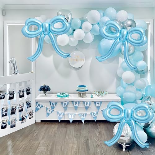 4 Pcs Blue Bow Balloons Bow Birthday Party Decorations for Girl Women Bow Decor Blue Birthday Decorations Giant Light Blue Balloons for Baby Shower Bridal Bachelorette Party Supplies - Image 4