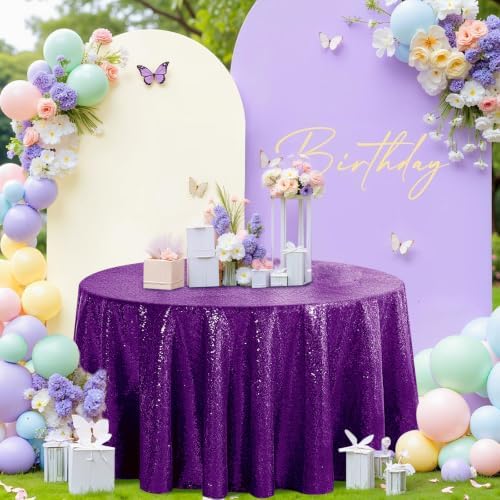 Pufogu 120" Round Purple Sequin Tablecloth Glitter White Table Cloths for Birthday Wedding Bridal Baby Shower Party Decorations - Image 5