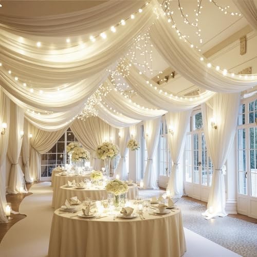 Ivory Ceiling Drapes with Lights String for Weddings, 6 Panels 5ftx20ft Sheer Tulle Backdrop Photo Background Drapes for Wedding Ceremony Birthday Party Arch Decoration - Image 4