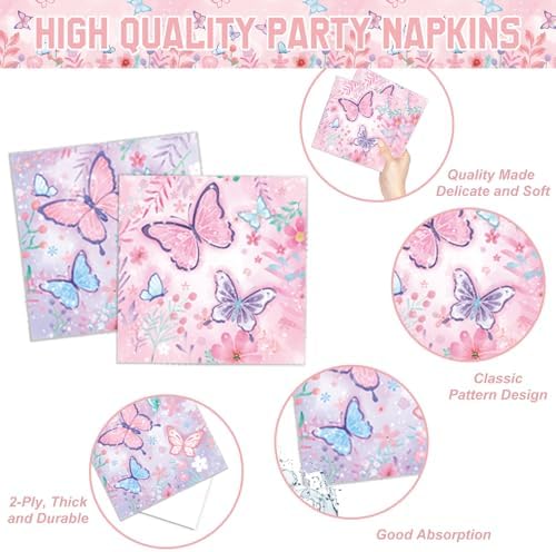Butterfly Birthday Decorations, Girls Birthday Supplies - Plates, Napkins, Cups, Cutlery, Cake & Cupcake Toppers, Banner, Hanging Swirls, Tablecloth, Balloons for Butterfly Party Decorations, Serve 20 - Image 3