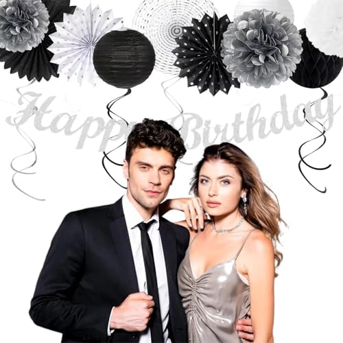 Black White Silver Birthday Party-decorations - 21pcs Boys Men Happy Banner,Paper Streamers Lanterns Honeycomb,Tissue Pom Poms Fan,Adult Supplies Decor 16th 20th 40th 45th 50th 60th Huglony - Image 5