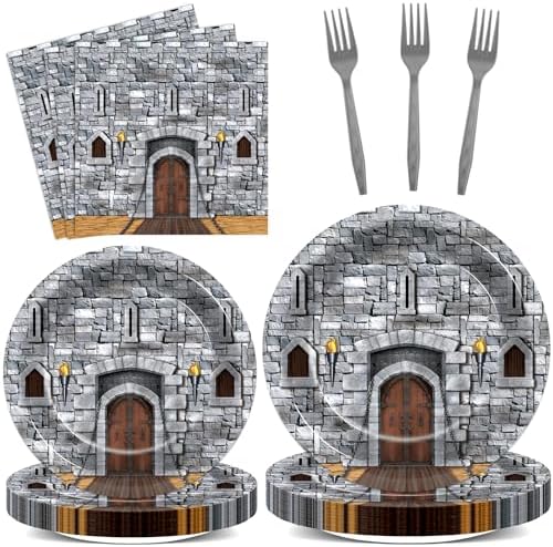 CHUNNIN 96PCS Medieval Plates Napkin Halloween Castle Party Decorations Castle Knight Birthday Dessert Plates Medieval Themed Tableware Set for 24 Guests Kids Birthday Baby Shower Party Supplies by CHUNNIN