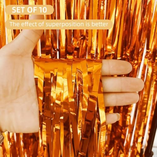 10 Pack Orange Foil Curtain Backdrop 3.2ft x 9.8ft Metallic Tinsel Foil Fringe Curtains Streamer Photo Booth Backdrop for Birthday Party Halloween Christmas New Year Party Supply (Orange) - Image 2
