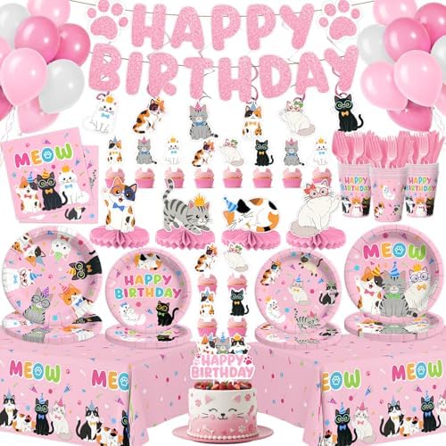 206pcs Pink Cat Birthday Decorations Plates Tableware Serves 24, Cat Party SuppliesPlates Napkins Cups Set Banner Balloons Tableware Cake Topper for Cat Girl Party Supplies by Kinovo