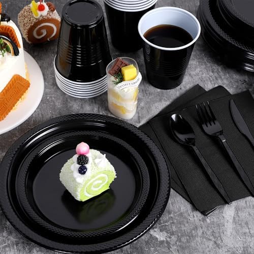 Aodaer 400 Pieces Black Party Supplies Disposable Dinnerware Set Include Plastic Plates Cups Knives Forks Spoons Paper Napkins for Birthday Wedding Graduation Parties, Serve 50 Guests - Image 5