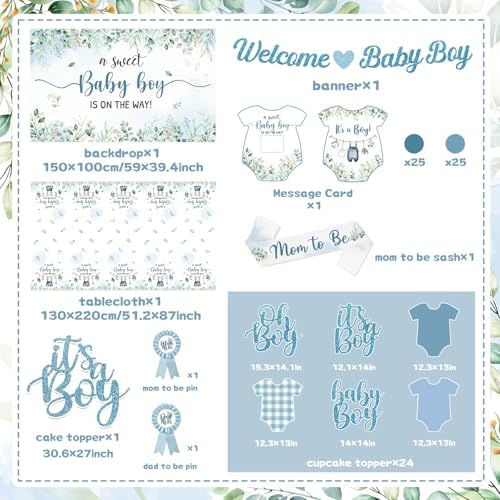 Blue and Sage Green Baby Boy Shower Decorations, All-in-1 Boho Baby Shower Decorations Boy with Balloon Arch Boy Boxes Plates Napkins Cake Toppers Tablecloth Backdrop Banner for Its a Boy Baby Shower - Image 5