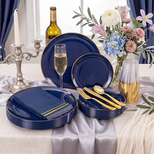 NOCCUR 350PCS Navy Blue Plastic Plates - Blue Disposable Dinnerware Set for 50 Guests, 100 Dinner/Dessert Plates, 150 Gold Silverware, 50 Cups&50 Napkins for Party/Wedding/Graduation/Independence Day - Image 5