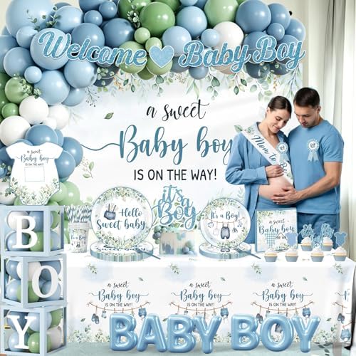 Blue and Sage Green Baby Boy Shower Decorations, All-in-1 Boho Baby Shower Decorations Boy with Balloon Arch Boy Boxes Plates Napkins Cake Toppers Tablecloth Backdrop Banner for Its a Boy Baby Shower - Image 3
