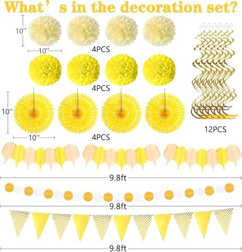 Moon Boat 35PCS Party Decorations Paper Fan Hanging Set - Birthday,Baby Shower,Lemon,Sunflower Theme Decor (Yellow) - Image 4