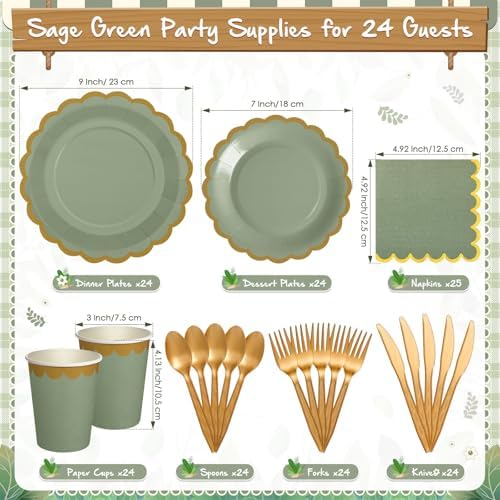 Mimorou 169 Pcs Sage Green Plates Napkins Cups Flatware Set - Image 3