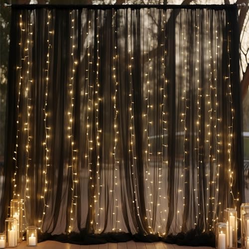 20ft x 10ft Black Backdrop Curtain with Lights String for Parties, Sheer Tulle Wedding Photo Backdrops Drapes for Baby Shower Birthday Party Decorations Background for Photography - Image 7