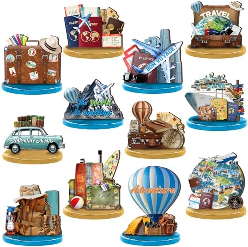 Wesiti 12 Pcs Travel Table Decorations Wooden Travel Tabletop Centerpiece Adventure Awaits Party Decor Around the World Table Toppers for Let the Adventure Begin Going Away Party Supplies by Wesiti
