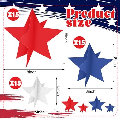 Sinload 45 Piece 3D Glitter Star Centerpieces Red White Blue Party Decor - Image 2