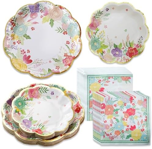 Kate Aspen Garden Blooms 62pc Paper Plates Napkins, 16pcs 7 inch & 16pcs 9 inch Heavy Duty Disposable Party Plates, 30pcs 6.5 inch Durable Paper Napkins for Bridal Shower, Baby Shower, Wedding Party by KateAspen
