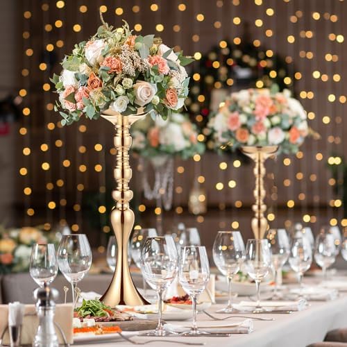 Sadnyy 2 Pcs Metal Flower Arrangements Stand Metal Wedding Centerpiece Stand Gold Vase Centerpiece Tall Table Decor Flower Vase for Wedding Reception Event Party Hotel Home Decor (16.9 Inch) - Image 6