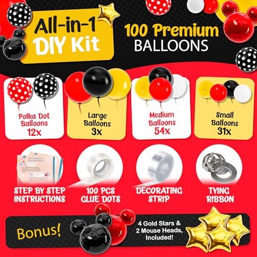 ALL-IN-1 Red Black Yellow Balloon Arch Kit with BONUS Gold Stars for Cartoon Birthday Party Decorations - Different size Balloons in Red Yellow and Black color for Birthday Decorations - Image 2