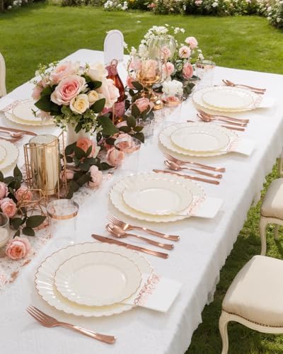 YOUBET 175PCS Ivory Scalloped Plastic Plates with Rose Gold Rim for Party - Image 4