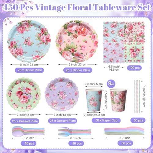 450 Pcs Vintage Floral Tableware Set, Serve 50, Vintage Color - Image 2