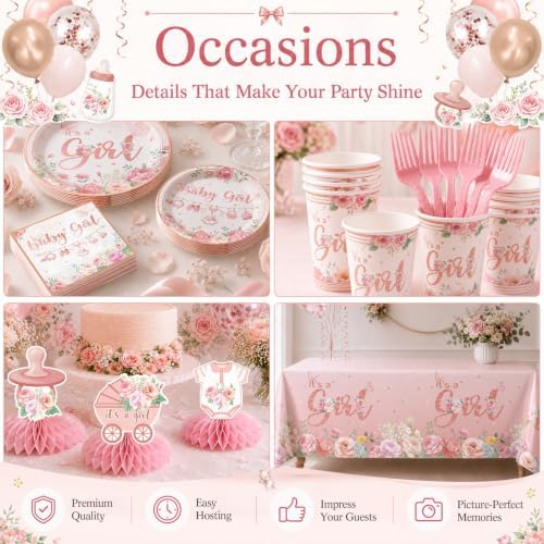 213Pcs Floral Girl Baby Shower Decorations Tableware Set, 25 Serves - Image 6