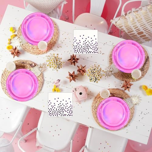 72Pcs Iridescent Pink Plates and Napkins Party Supplies, Hot Pink Holographic Disposable Paper Plates Napkins with Forks Tableware Set for Birthday Graduation Kpop Party Decorations - Image 5